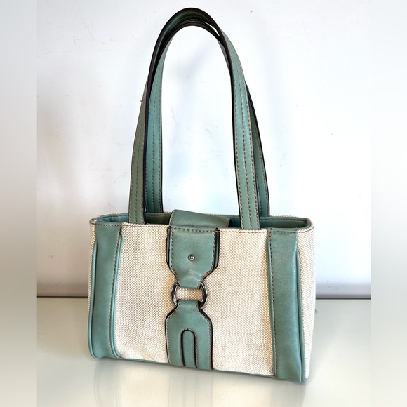 Etienne Aigner Handbag Purse Wicker Teal Blue Leather 9” - Picture 1 of 16